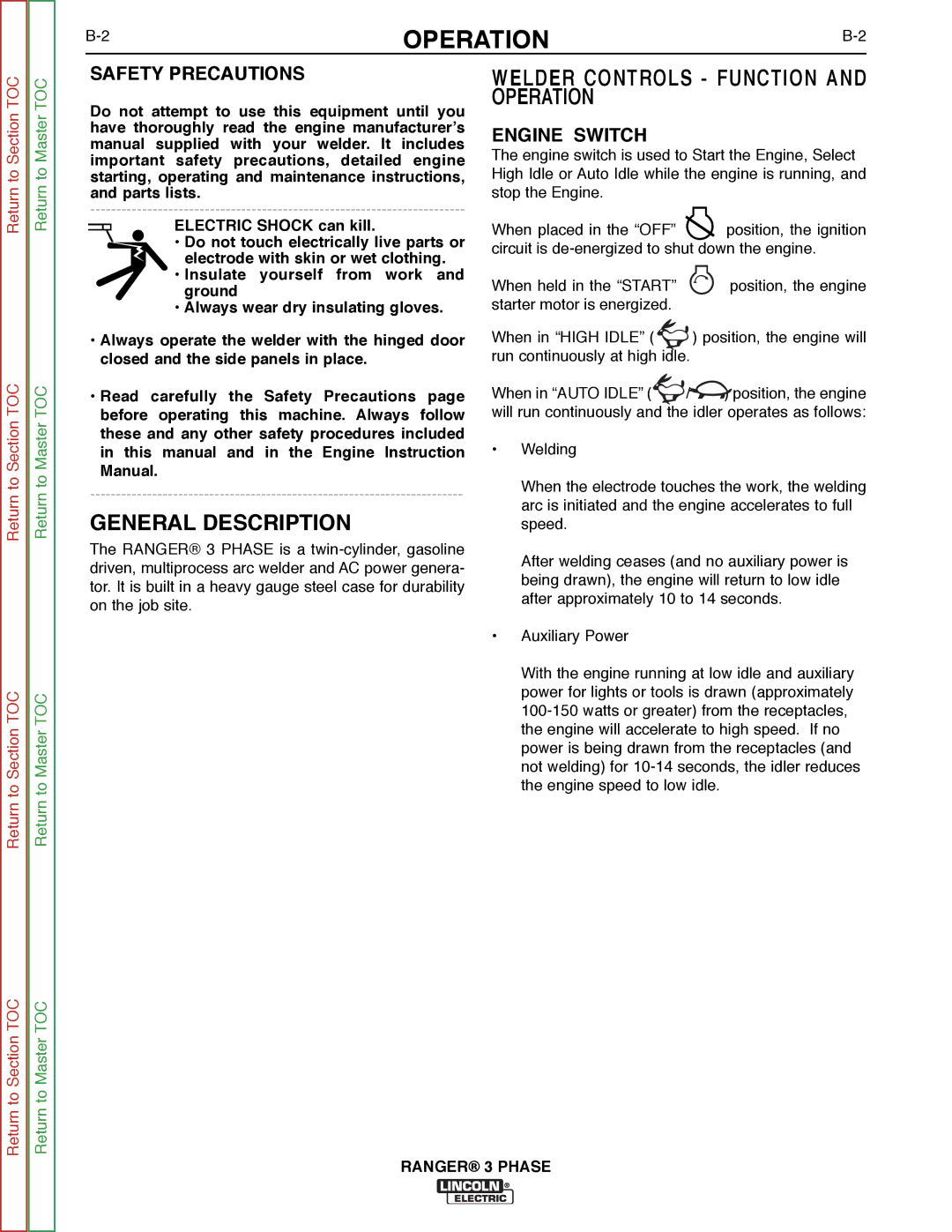 Lincoln Electric SVM207-A service manual General Description, Welder Controls Function and Operation, Engine Switch 